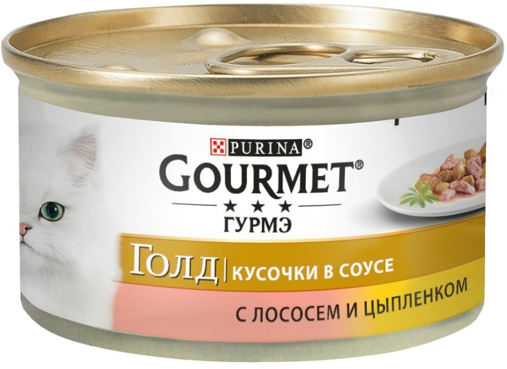 Консервы для кошек Gourmet Gold, кусочки в соусе с курицей и лососем, 85г*24 шт. фото