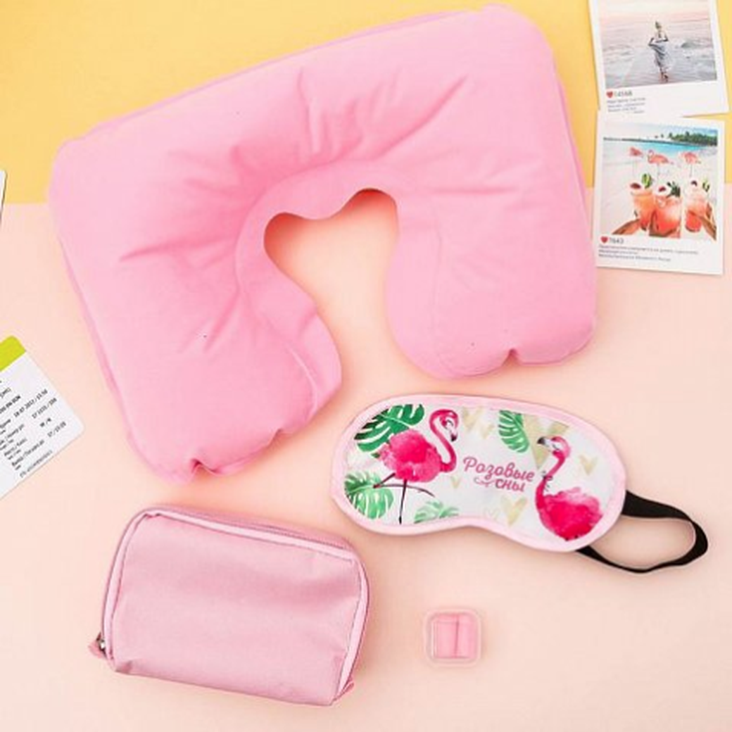 Комплект дорожный HUANGGANG JIAZHI TEXTILE Розовые сны (подушка, маска для сна, беруши) фото