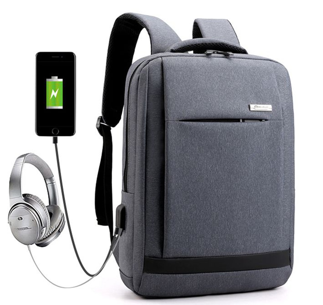Рюкзак для ноутбука с USB, влагостойкий, серый фото