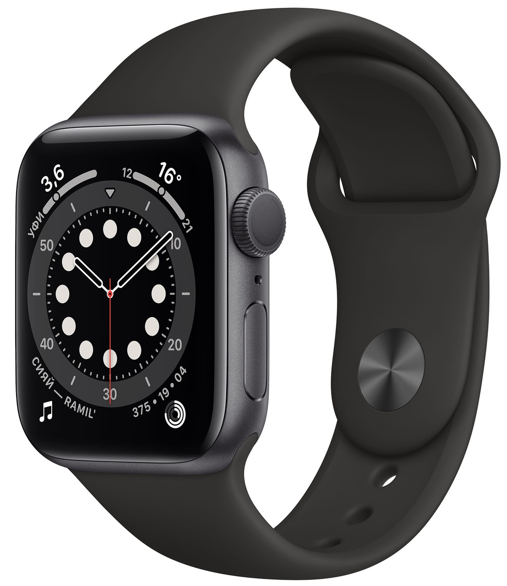 Умные часы Apple Watch Series 6, 44 мм, корпус из алюминия цвета «серый космос», спортивный ремешок чёрного цвета фото