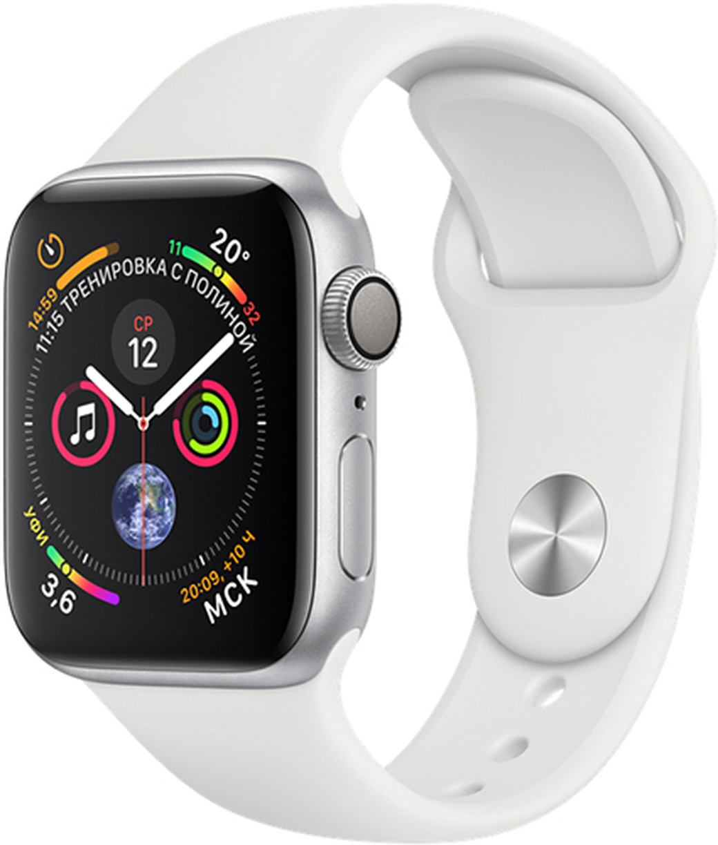 Умные часы Apple Watch 4, 44mm Silver Aluminum Case with White Sport Band фото