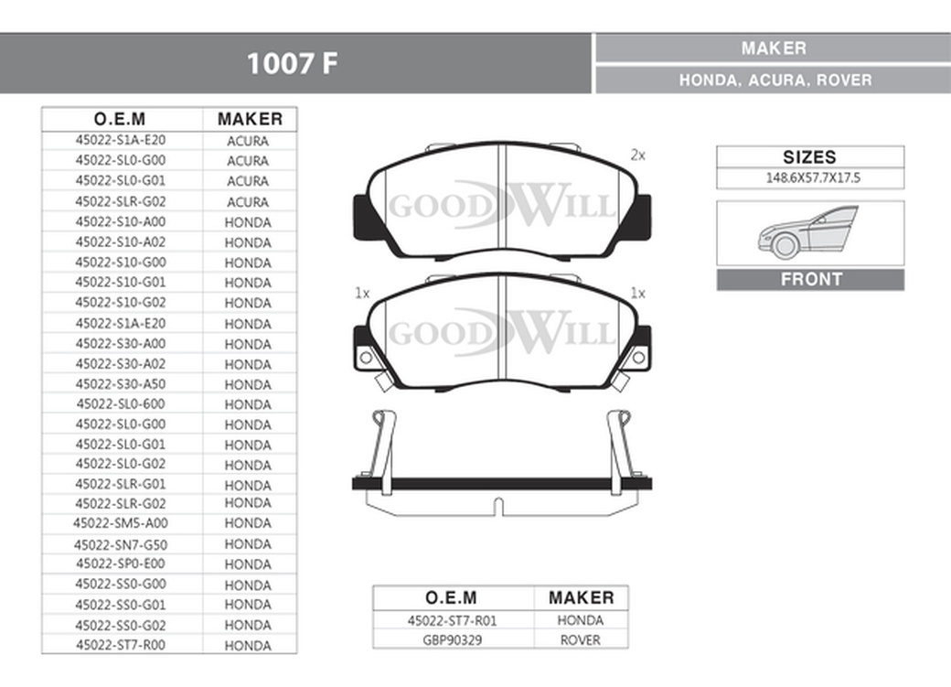 Колодки тормозные дисковые передние GoodWill 1007F для HONDA Legend, Acura, Accord, Civic, CR-V I, Integra, Prelude, Shuttle/ ROVER 600 (2 ШПП) фото