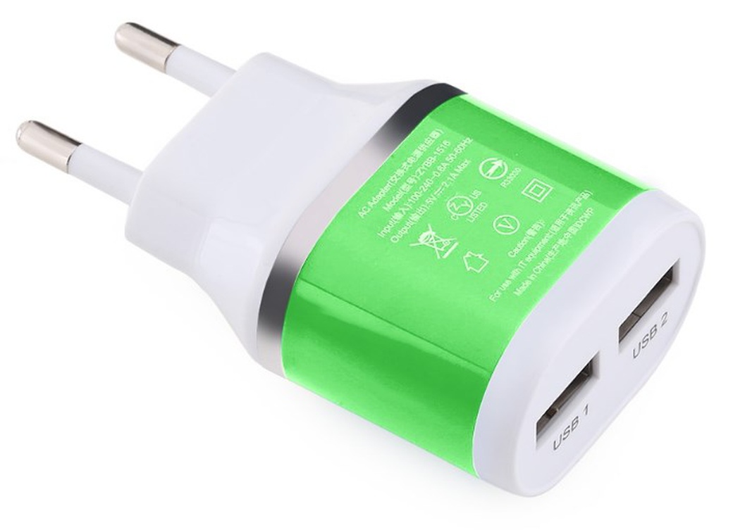 Зарядное устройство, 2 порта USB, с разъемом EU, зеленый фото