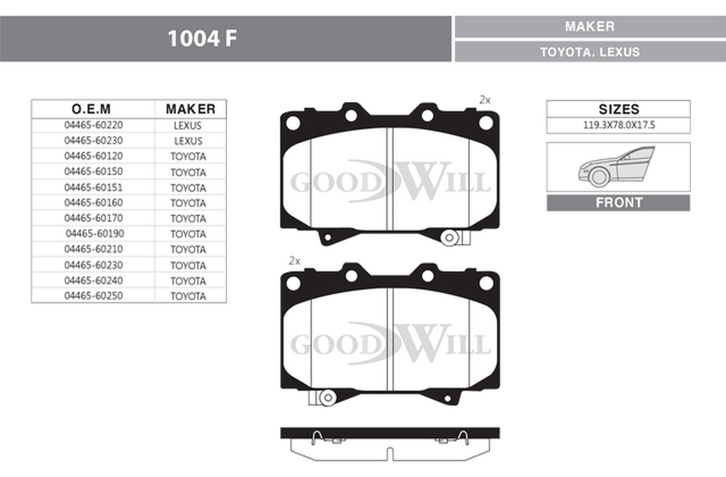 Колодки тормозные дисковые передние GoodWill 1004F для TOYOTA 2 LC, LC100, Lexus фото