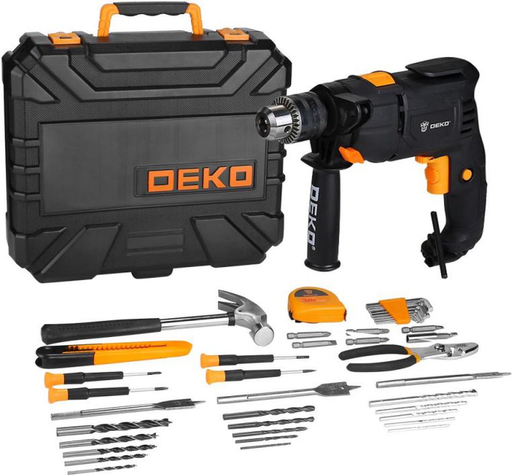 Дрель ударная сетевая DEKO DKID600W в пластиковом кейсе + набор инструментов 40 предметов фото