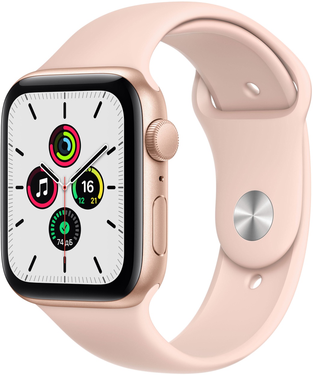 Умные часы Apple Watch SE, 44 мм, корпус из алюминия золотого цвета, спортивный ремешок цвета «розовый песок» фото