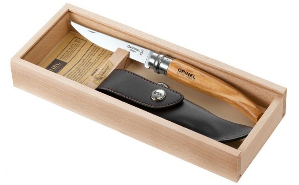 Нож филейный Opinel №10, рукоять оливковое дерево, чехол, футляр фото