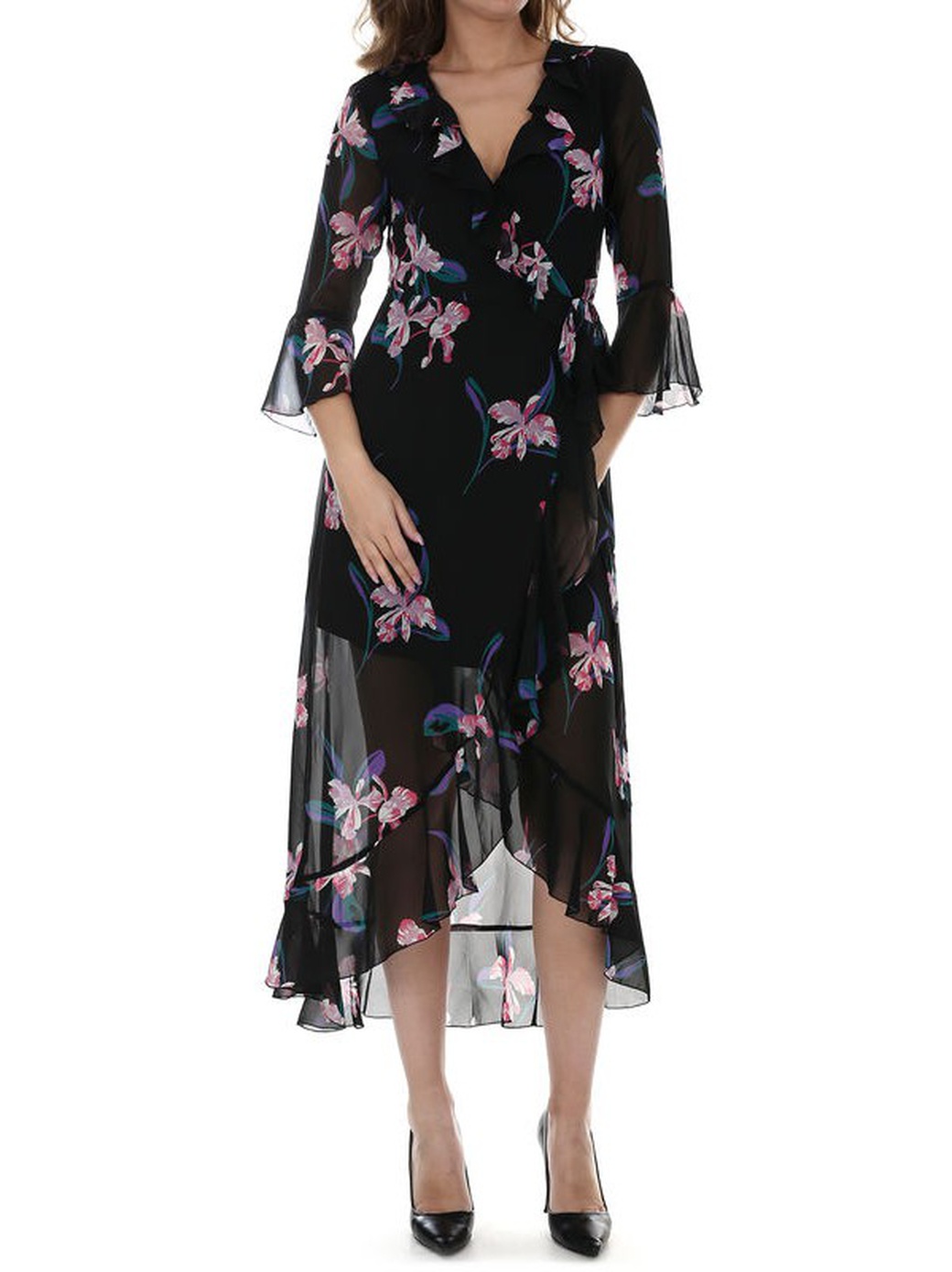 Платье Guess с цветочным принтом W83K76WAFI0, черный, S фото