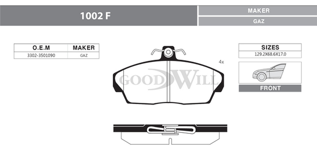 Колодки тормозные дисковые передние GoodWill 1002F для GAZELE Chrysler 2.4, 560-Stayr, 3110, Sobol, Gazelle фото