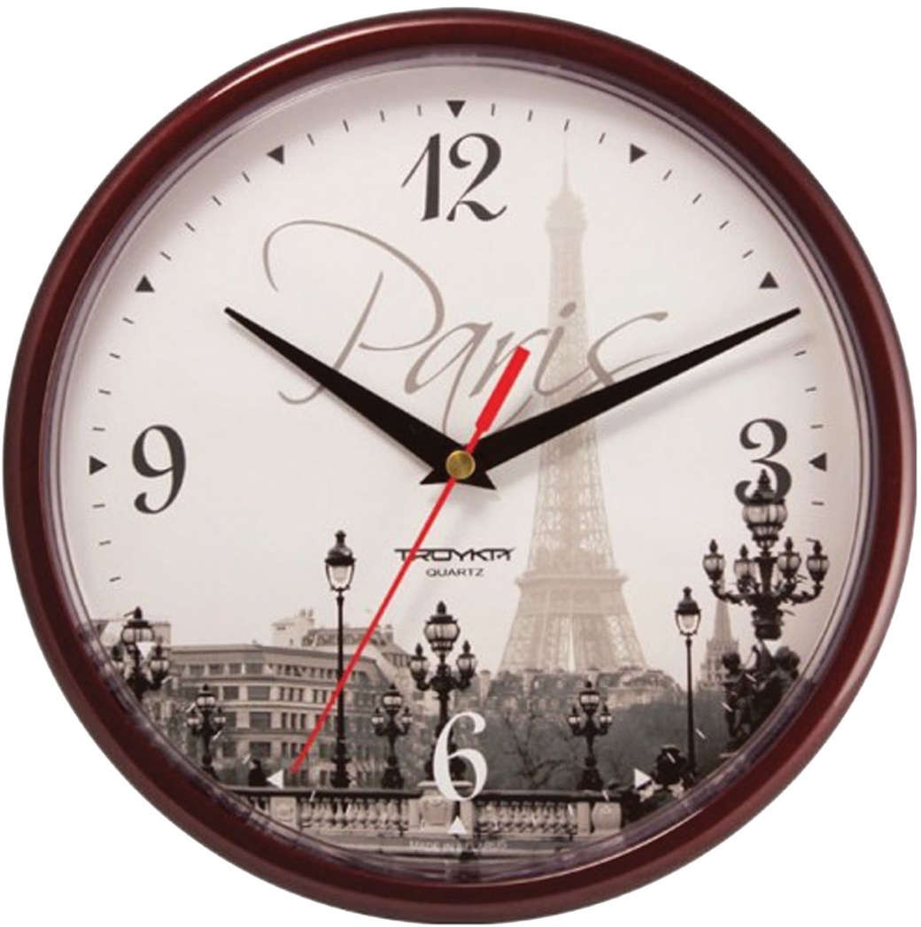Часы настенные TROYKA 91931927, круг, с рисунком Paris, коричневая рамка, 23х23х4 см фото