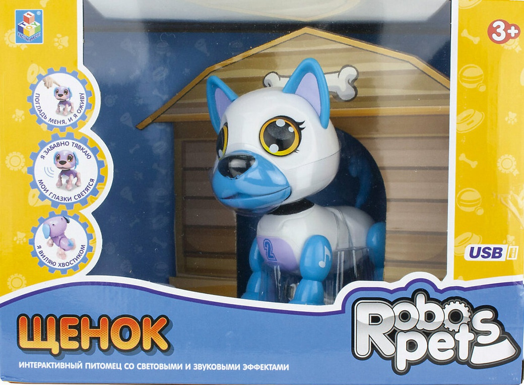Интерактивная игрушка 1TOY RoboPets, Робо-щенок бело голубой (mini), свет,звук, движение, фото