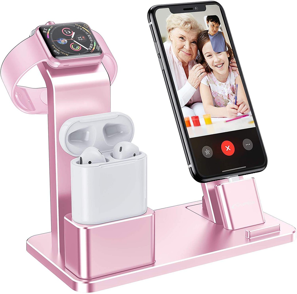 Зарядная станция-подставка из алюминиевого сплава для Apple iPhone / Airpods / Watch, розовое золото фото