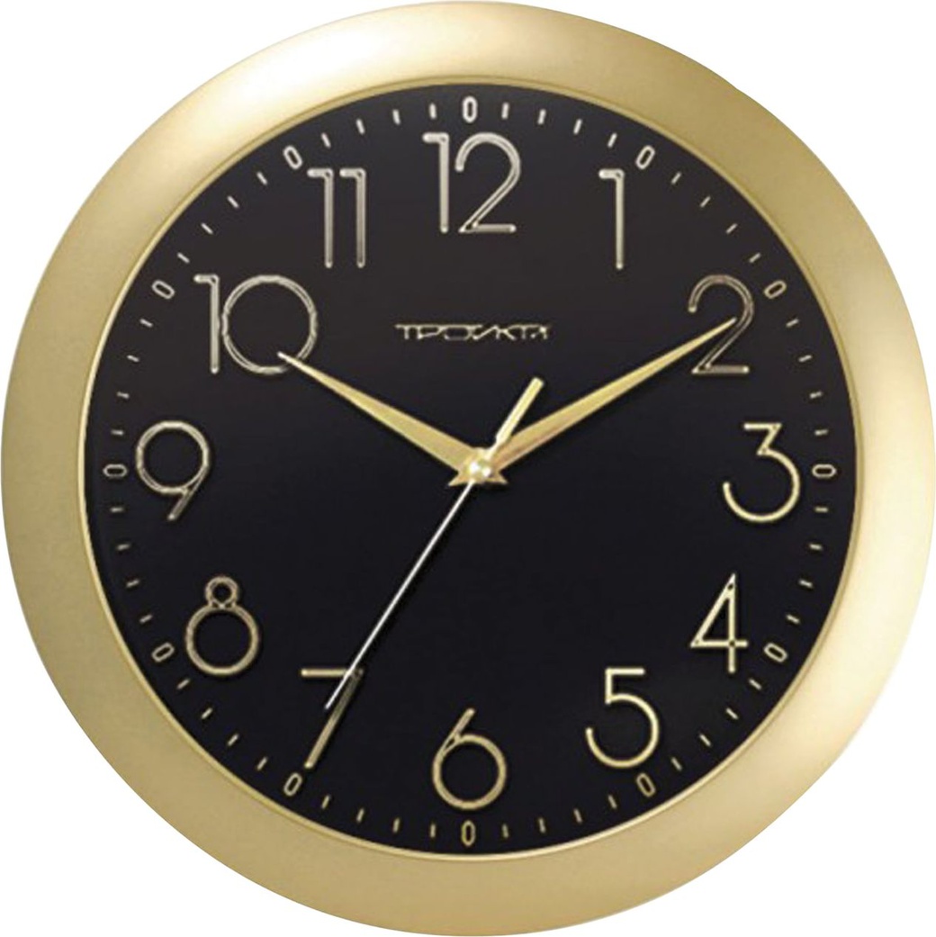 Часы настенные TROYKA 11171180, круг, черные, золотая рамка, 29х29х3,5 см фото