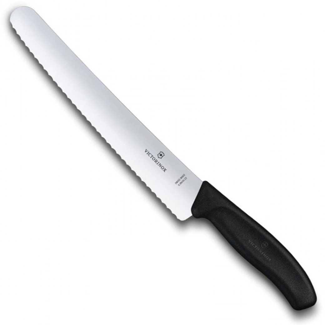 Нож Victorinox для хлеба и выпечки, лезвие 22 см волнистое, чёрный, в блистере фото