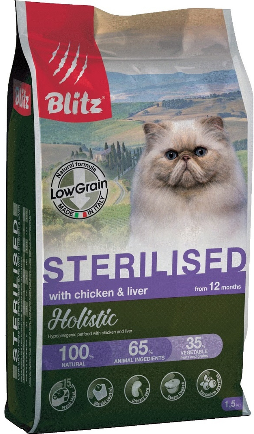 Корм для стерилизованных кошек низкозерновой Blitz Holistic Chicken & Liver, курица с печенью, 1,5 кг фото