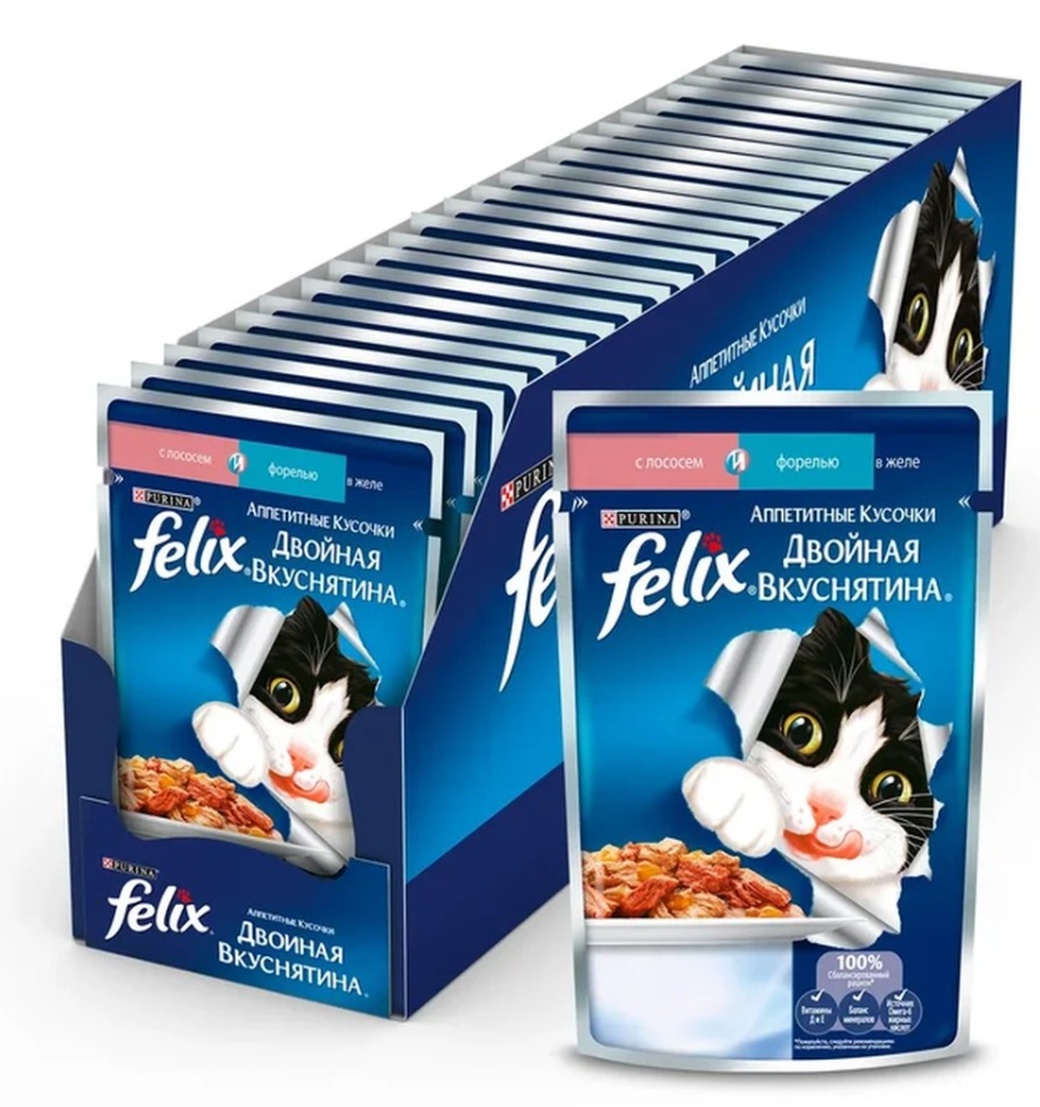 Консервы для кошек Felix Двойной вкус, лосось с форелью, 85г*24 шт. фото