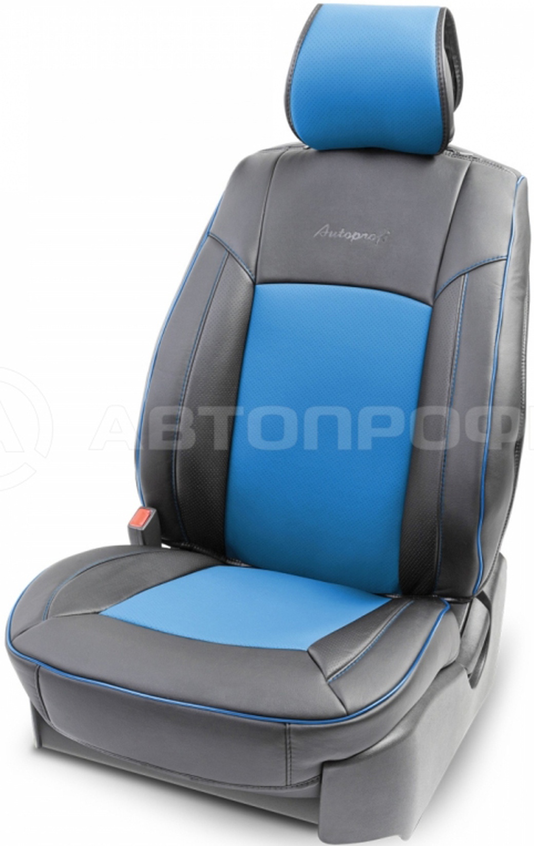 Каркасная накидка AUTOPROFI, HIT-310G BK/BL, 1 шт на переднее сиденье, экокожа + перфорированная экокожа, 3D каркас, чёрн./синий фото