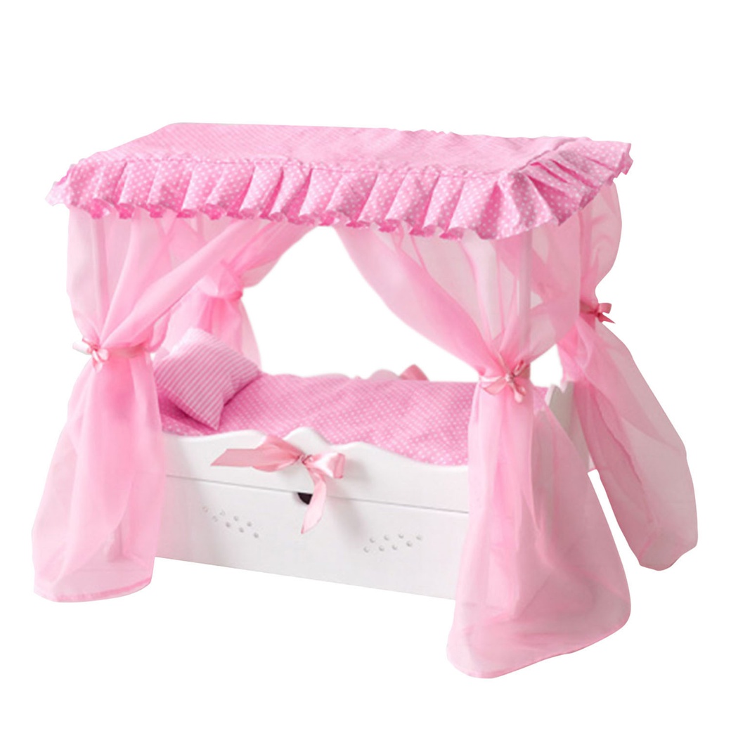 Кровать с выдвижным ящиком PAREMO для кукол с постельным бельем и балдахином, цвет: белый фото
