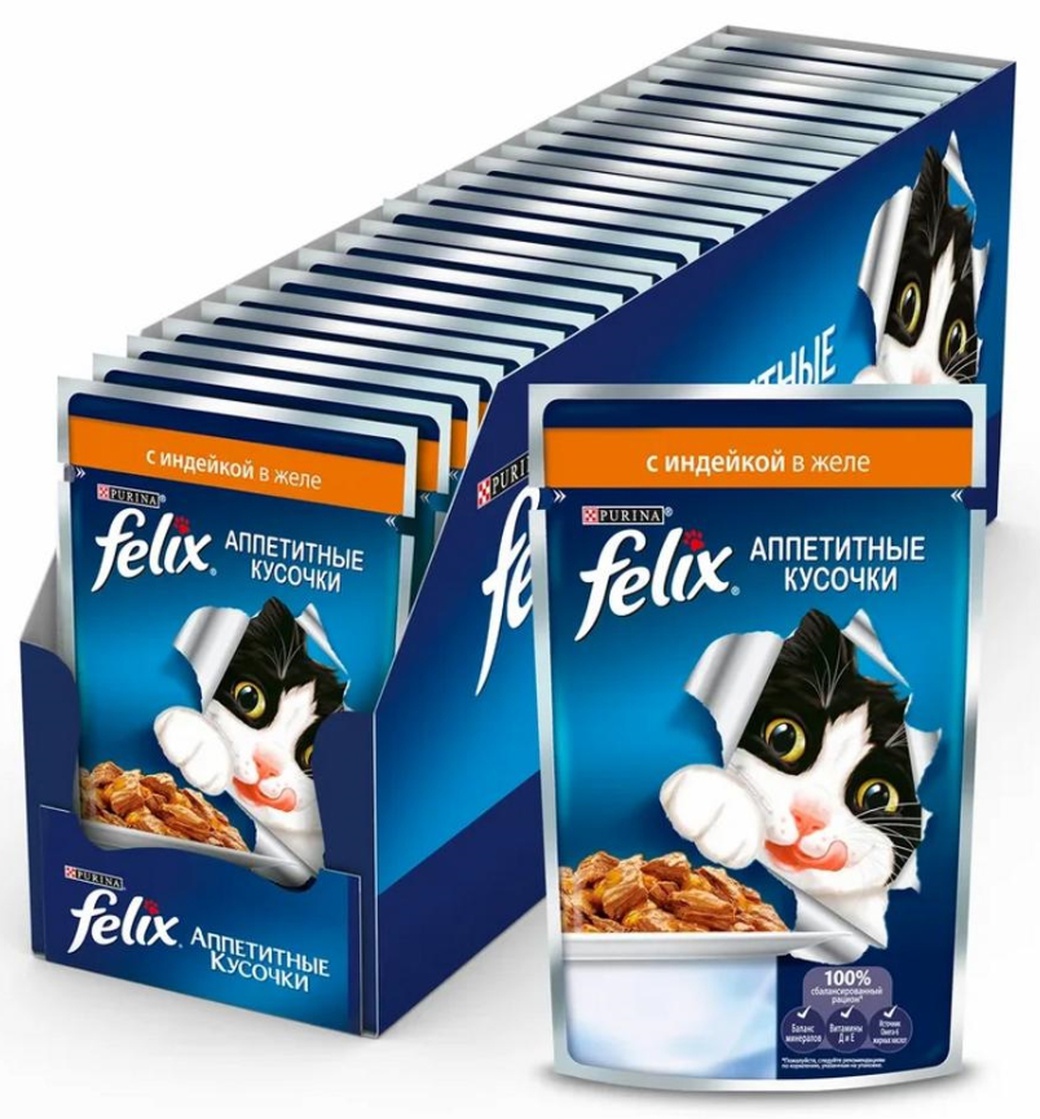 Консервы для кошек Felix, кусочки в желе с индейкой, 85г*24 шт. фото
