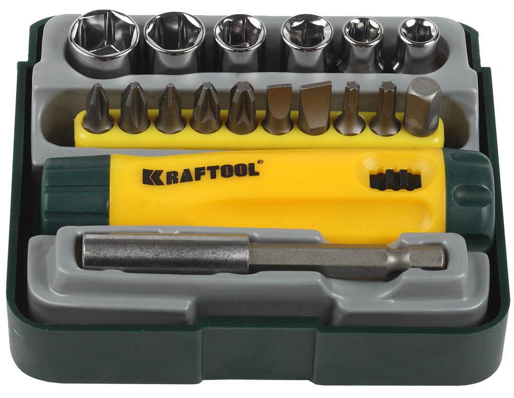 Набор KRAFTOOL "EXPERT": Отвертка реверсивная с битами, адаптером и торцовыми головками, Cr-V, 18 предметов фото