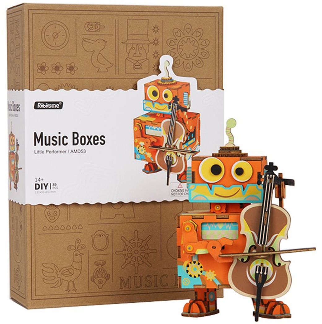 Деревянный музыкальный конструктор Robotime робот Little Performer фото