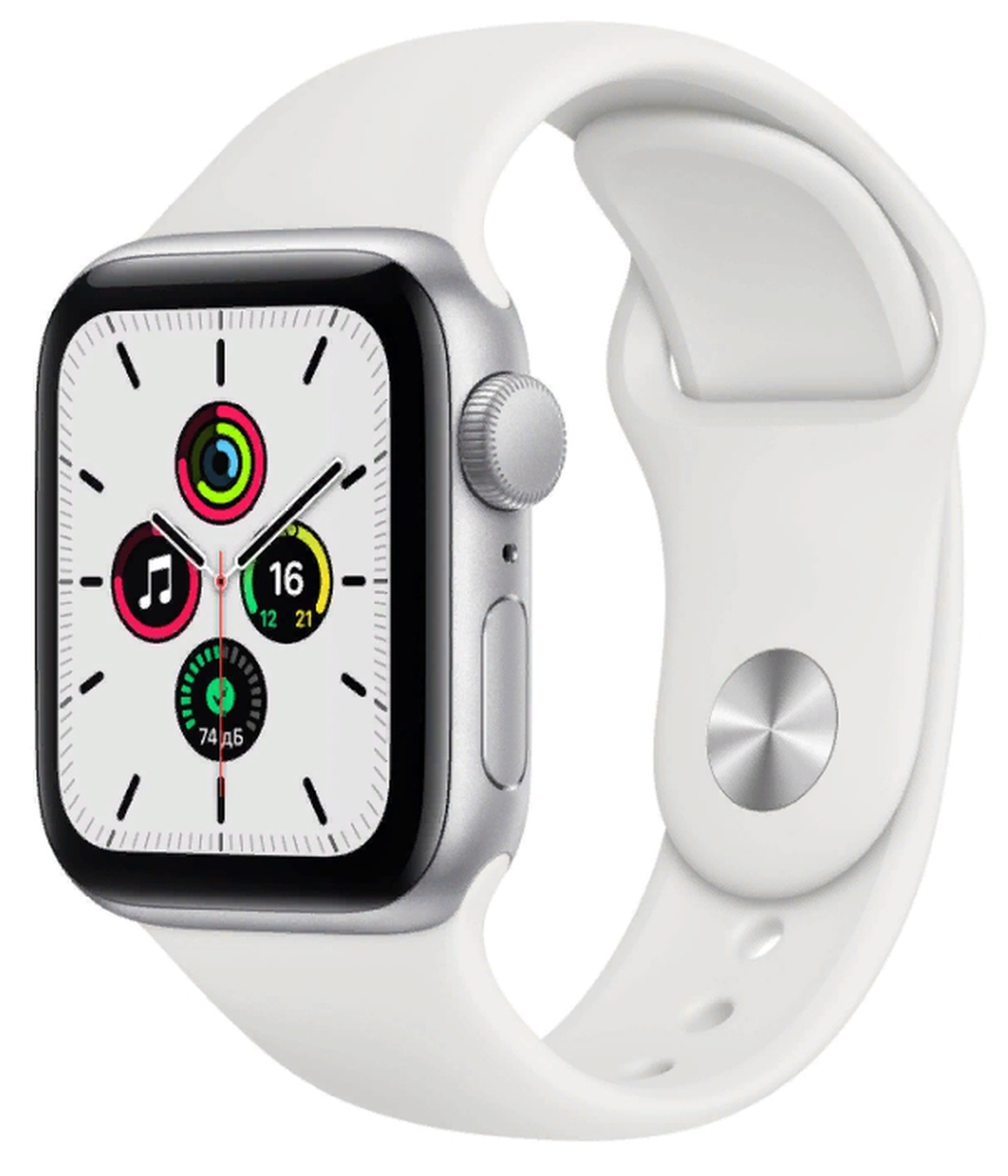 Умные часы Apple Watch SE, 44 мм, корпус из алюминия серебристого цвета, спортивный ремешок белого цвета фото