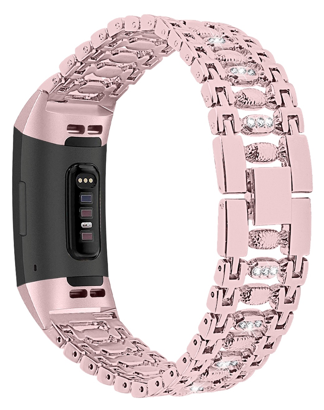 Ремешок для браслета Bakeey для Fitbit Charge 3, нержавеющая сталь, розовое золото, белые кристаллы фото