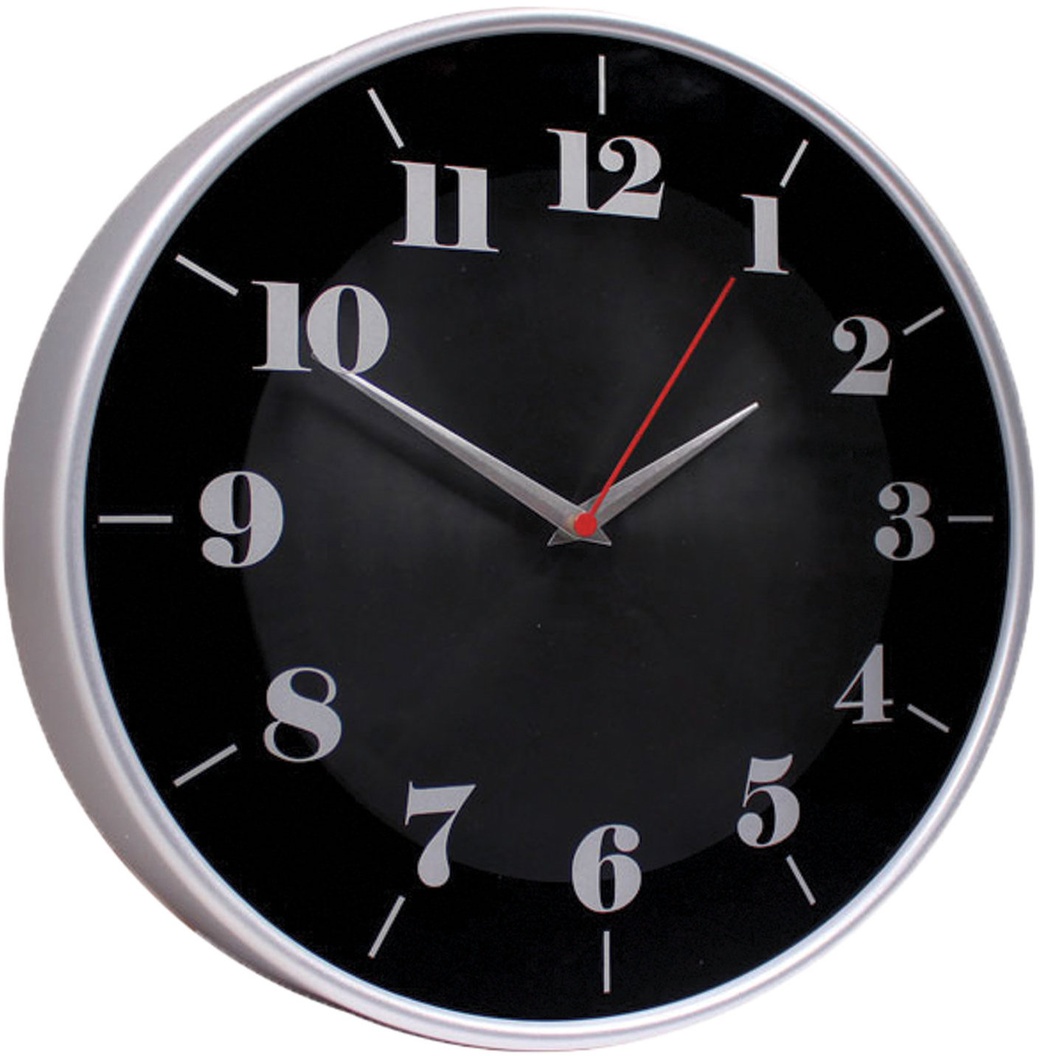 Часы настенные TROYKA 77777740, круг, черные, серебристая рамка, 30,5х30,5х5 см фото