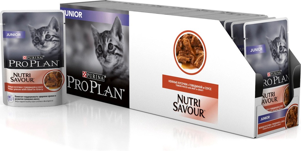 Консервы для котят ProPlan Nutrisavour Junior, говядина в соусе, пауч, 85г*26 шт. фото