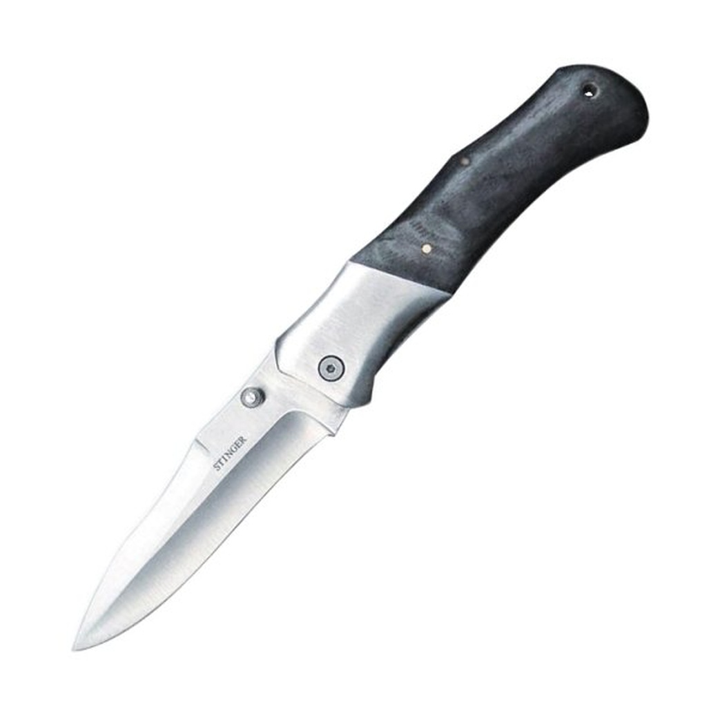 Нож складной Stinger, 100 мм (серебристый), сталь/дерево (серебристо-черный), картон. фото