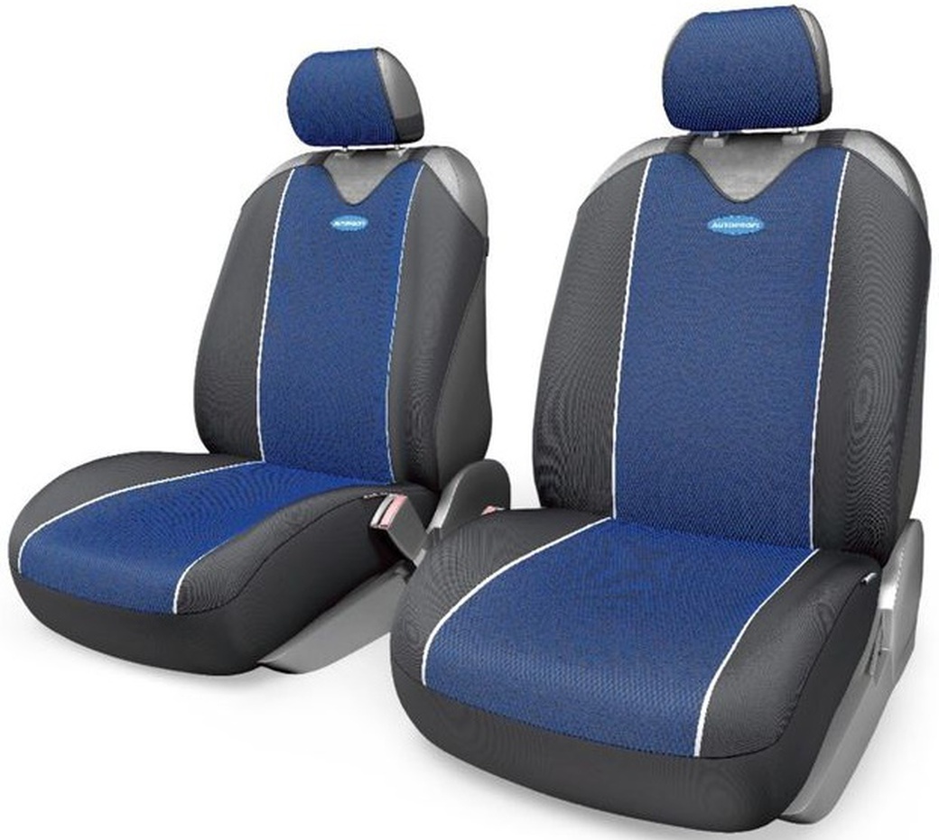 Авточехлы-майки AUTOPROFI CARBON PLUS, CRB-402Pf BK/BL, передний ряд, закрытое сиденье, полиэстер под карбон, чёрн./синий фото