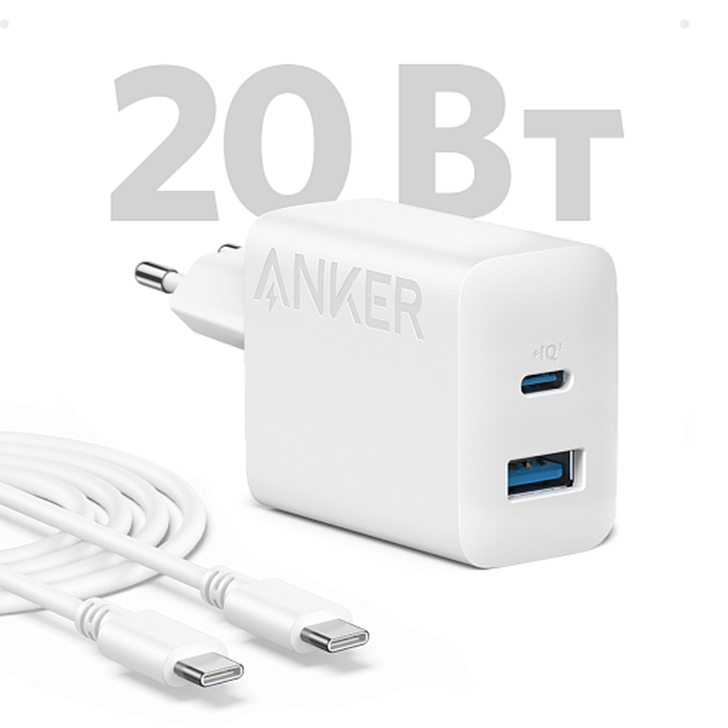 СЗУ адаптер ANKER 312 USB-C/USB-A 20W (A2348), с кабелем, белый фото