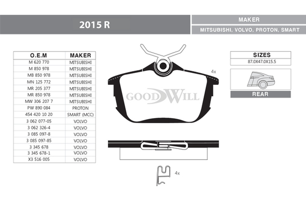 Колодки тормозные дисковые задние GoodWill 2015R для MITSUBISHI Carisma, Colt, Space Star/ VOLVO S40, V40/SMART Forfour (2 ШПП) фото