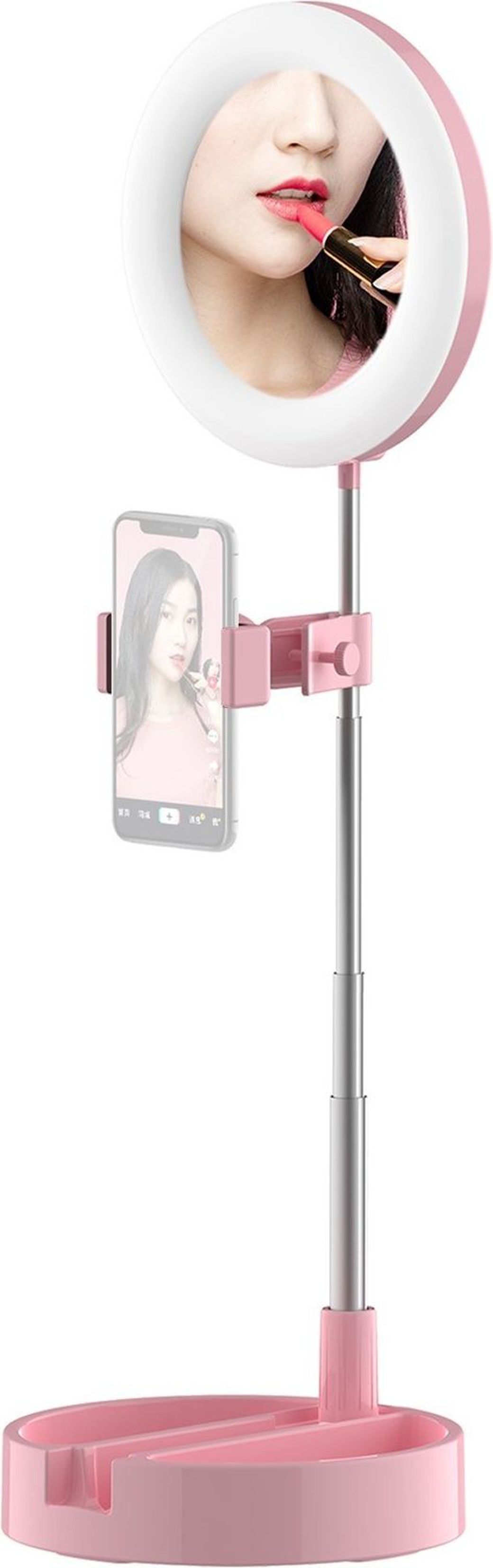 Кольцевая лампа с зеркалом, с выдвижным штативом и зажимом смартфона 3 режима и 10 уровней яркости, розовый фото