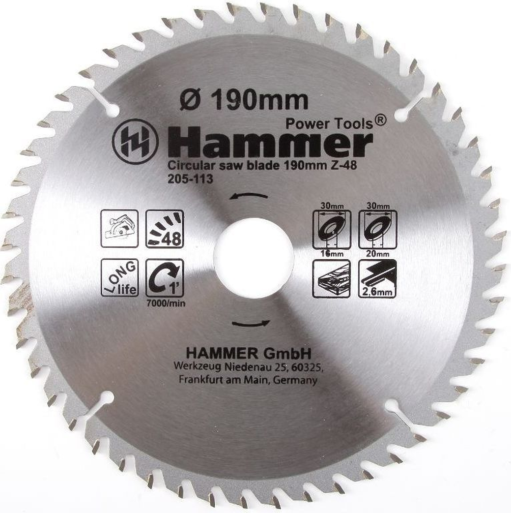 Диск пильный Hammer Flex 205-113 CSB WD 190мм*48*30/20/16мм по дереву фото
